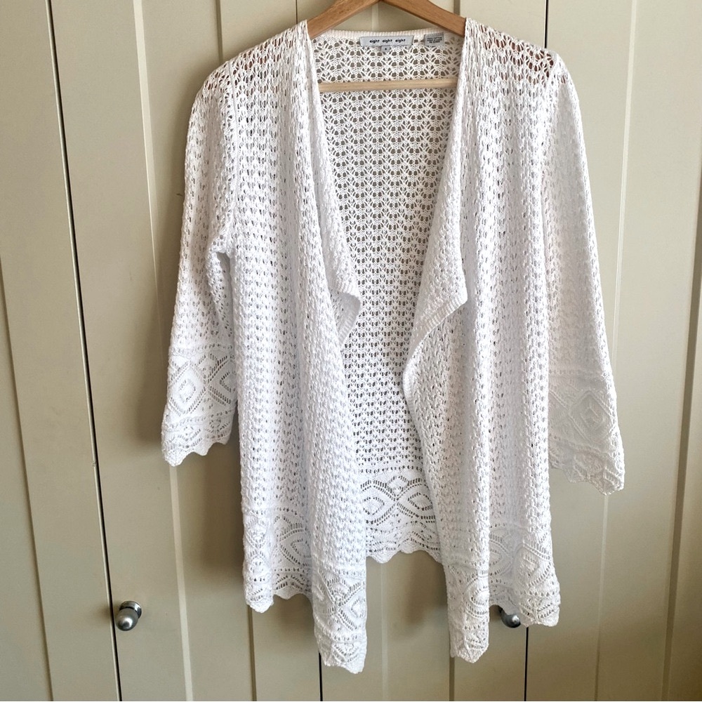 eight eight eight-White Lace- Crochet-Cardigan Sweater-Waterfall Hem-Size S